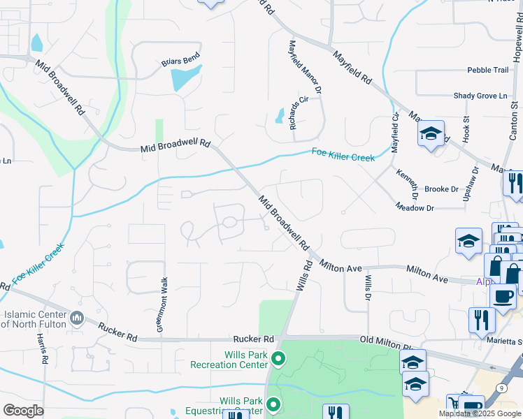 map of restaurants, bars, coffee shops, grocery stores, and more near 1605 Broadwell Oaks Drive in Alpharetta