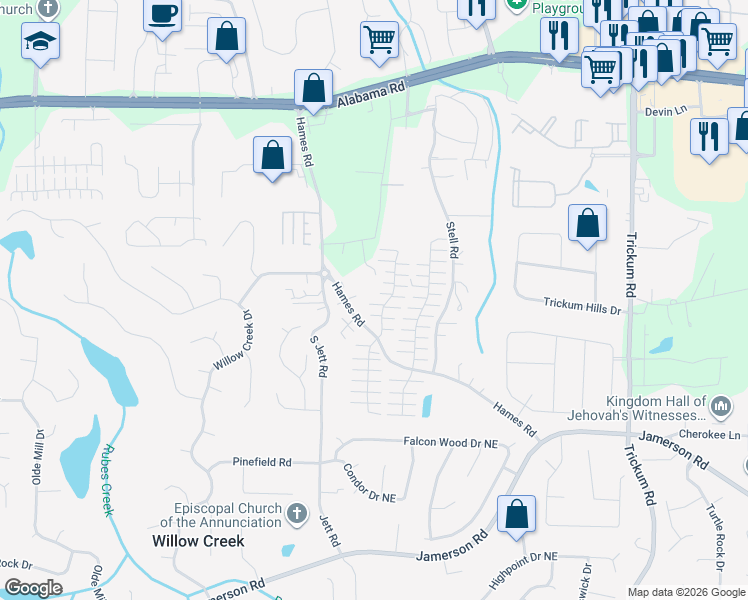 map of restaurants, bars, coffee shops, grocery stores, and more near 343 West Oaks Trail in Woodstock