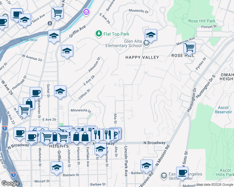 map of restaurants, bars, coffee shops, grocery stores, and more near 2906 Alta Street in Los Angeles