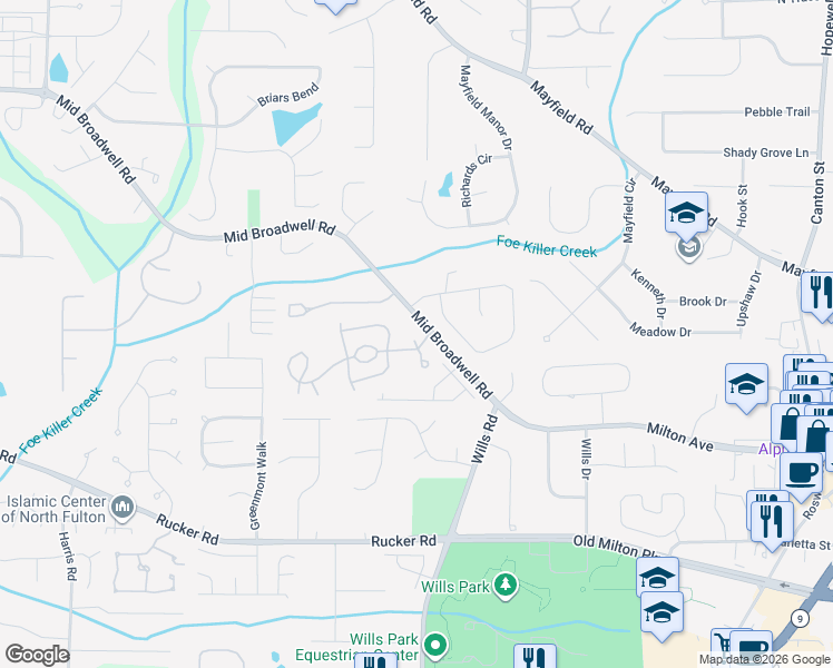 map of restaurants, bars, coffee shops, grocery stores, and more near 1605 Broadwell Oaks Drive in Alpharetta