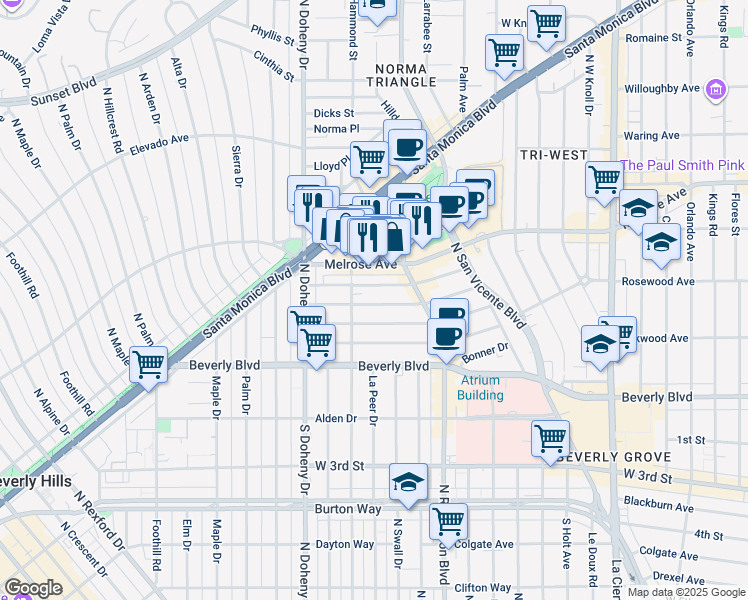 map of restaurants, bars, coffee shops, grocery stores, and more near 8917 Dorrington Avenue in West Hollywood