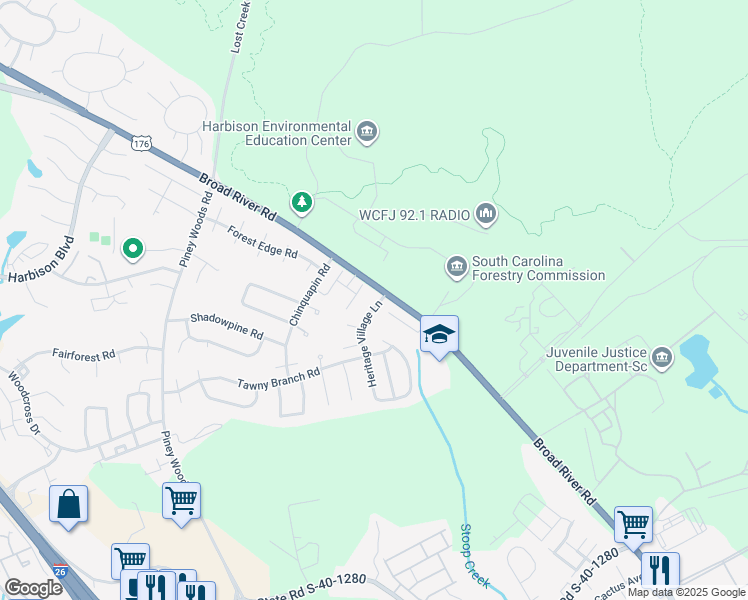 map of restaurants, bars, coffee shops, grocery stores, and more near 6 Heritage Village Lane in Columbia