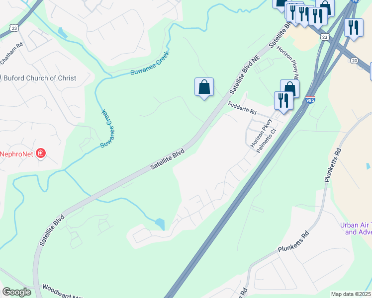 map of restaurants, bars, coffee shops, grocery stores, and more near 1750 Satellite Boulevard in Buford