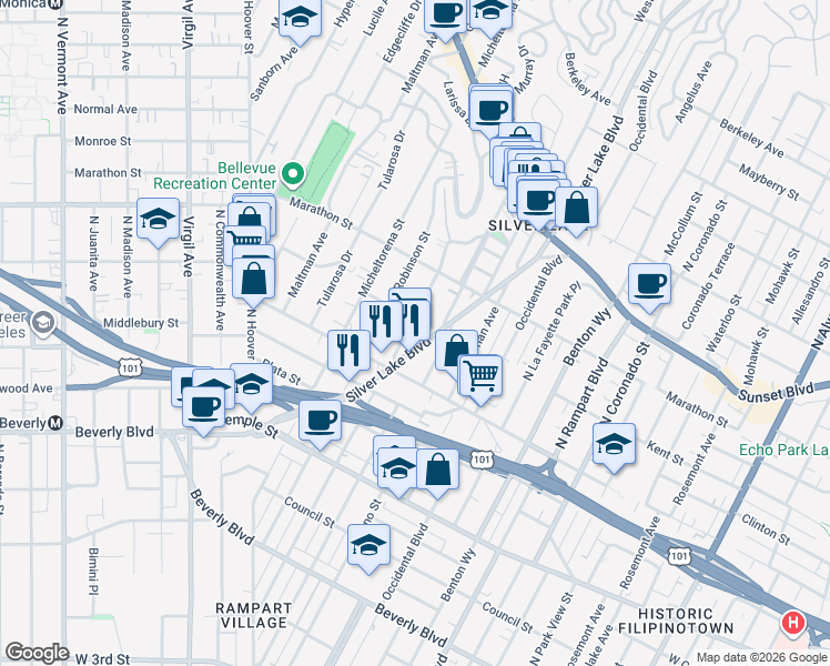 map of restaurants, bars, coffee shops, grocery stores, and more near 646 North Dillon Street in Los Angeles
