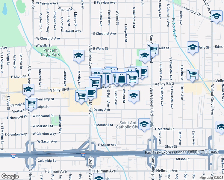 map of restaurants, bars, coffee shops, grocery stores, and more near 300 East Valley Boulevard in San Gabriel
