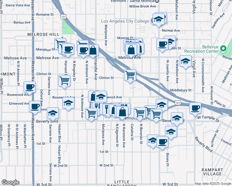 map of restaurants, bars, coffee shops, grocery stores, and more near 528 North Alexandria Avenue in Los Angeles