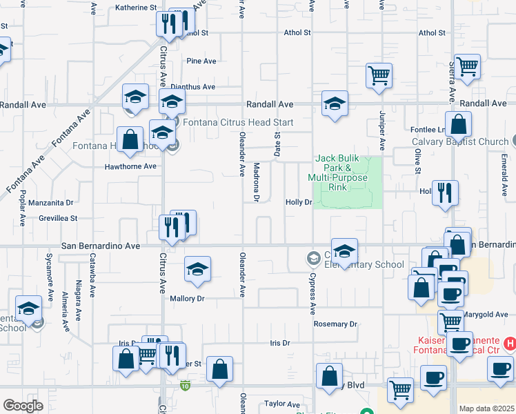 map of restaurants, bars, coffee shops, grocery stores, and more near 16341 Holly Drive in Fontana