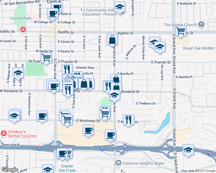map of restaurants, bars, coffee shops, grocery stores, and more near 451 East Rowland Street in Covina