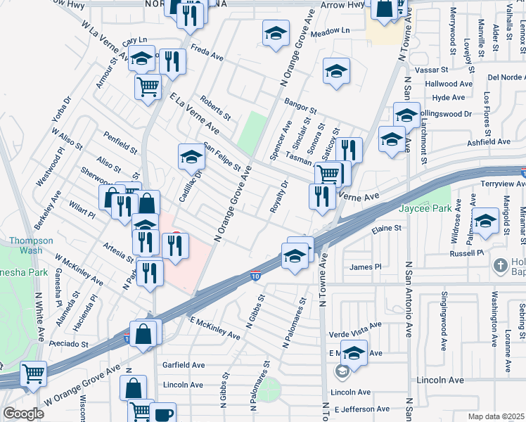 map of restaurants, bars, coffee shops, grocery stores, and more near 1924 Bobolink Way in Pomona