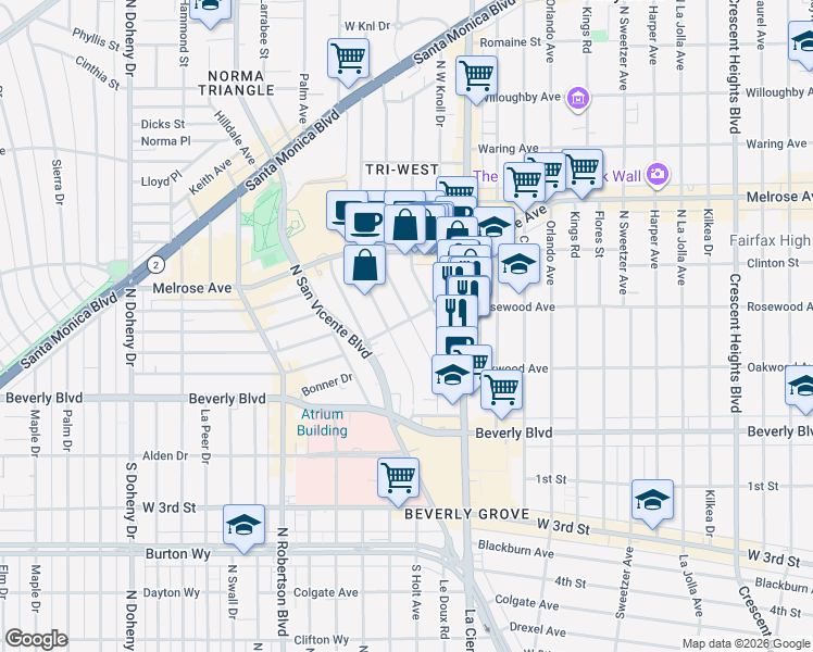map of restaurants, bars, coffee shops, grocery stores, and more near 500 Westbourne Drive in West Hollywood