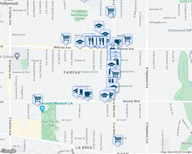map of restaurants, bars, coffee shops, grocery stores, and more near 444 North Alta Vista Boulevard in Los Angeles