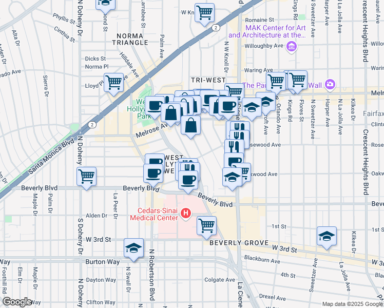 map of restaurants, bars, coffee shops, grocery stores, and more near 416 1/2 Norwich Drive in West Hollywood
