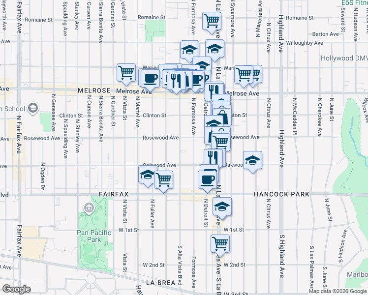 map of restaurants, bars, coffee shops, grocery stores, and more near 7216 Rosewood Avenue in Los Angeles