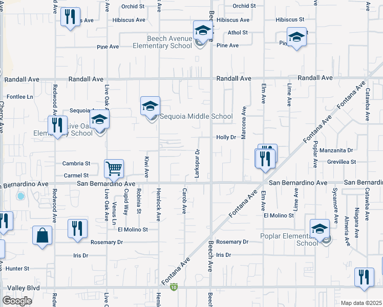 map of restaurants, bars, coffee shops, grocery stores, and more near 15231 Manzanita Drive in Fontana