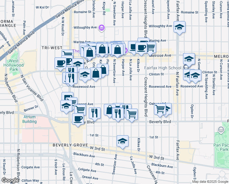 map of restaurants, bars, coffee shops, grocery stores, and more near 468 North Flores Street in Los Angeles