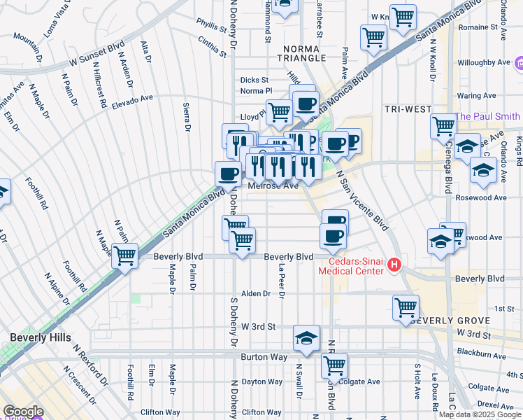 map of restaurants, bars, coffee shops, grocery stores, and more near 8932 Rangely Avenue in West Hollywood