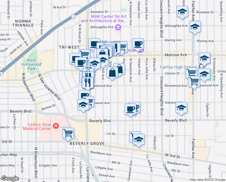 map of restaurants, bars, coffee shops, grocery stores, and more near 469 North Kings Road in Los Angeles