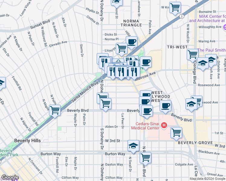 map of restaurants, bars, coffee shops, grocery stores, and more near 9011 Dorrington Avenue in West Hollywood