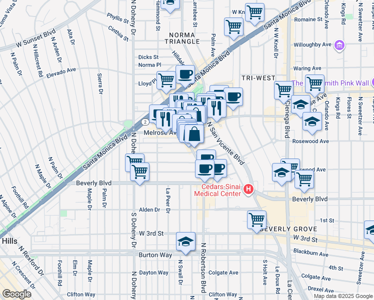 map of restaurants, bars, coffee shops, grocery stores, and more near 8758 Rangely Avenue in West Hollywood
