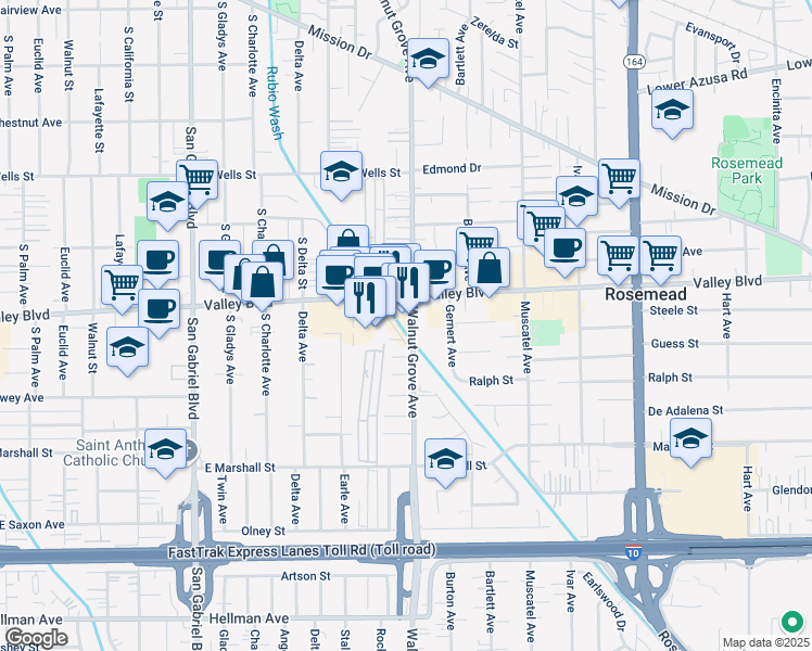 map of restaurants, bars, coffee shops, grocery stores, and more near 8526 Valley Boulevard in Rosemead