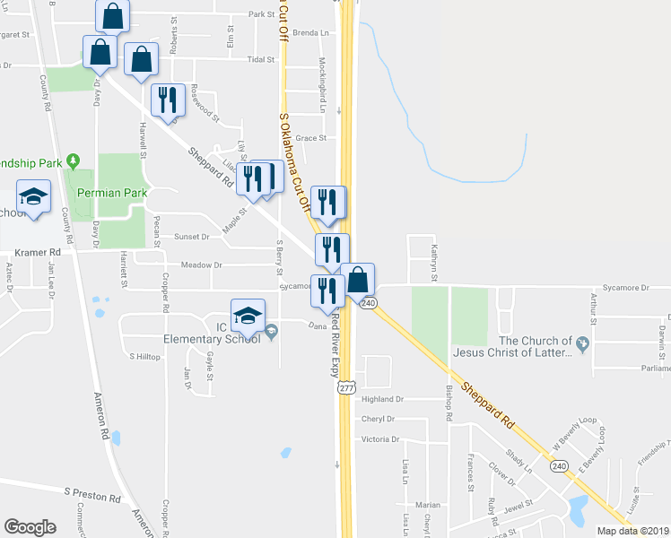 map of restaurants, bars, coffee shops, grocery stores, and more near 1006 South Red River Expressway in Burkburnett