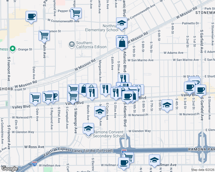 map of restaurants, bars, coffee shops, grocery stores, and more near 1014 Curtis Lane in Alhambra