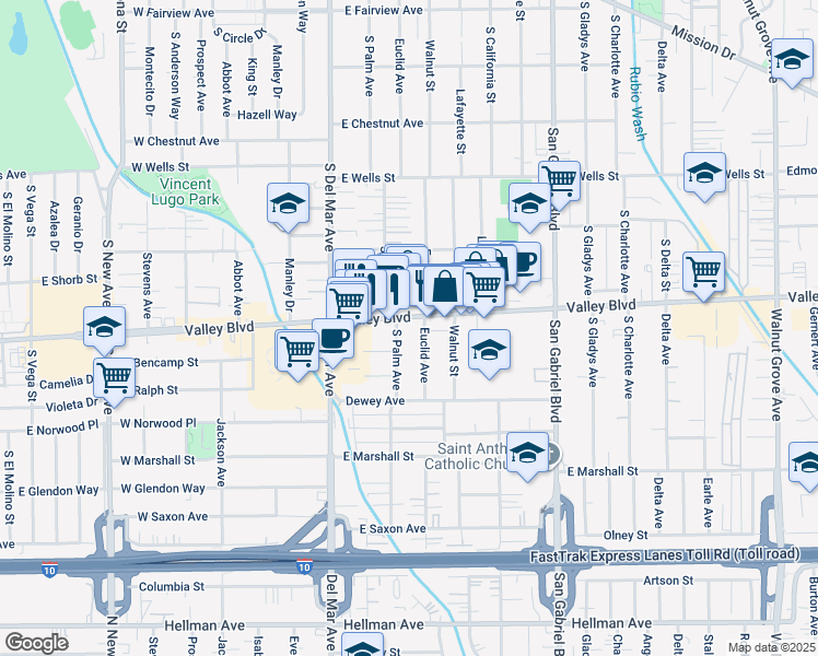 map of restaurants, bars, coffee shops, grocery stores, and more near 309E East Valley Boulevard in San Gabriel