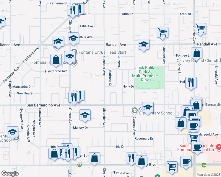 map of restaurants, bars, coffee shops, grocery stores, and more near 16341 Holly Drive in Fontana