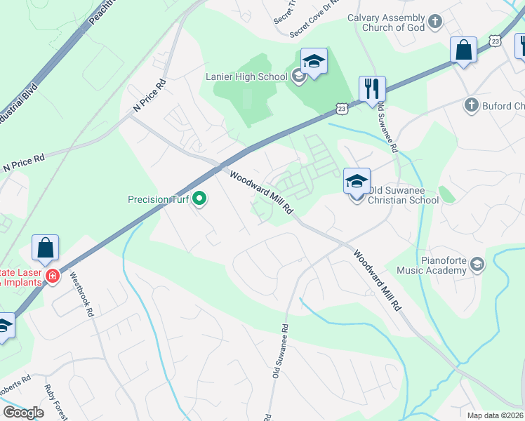 map of restaurants, bars, coffee shops, grocery stores, and more near 4298 Woodward Mill Road in Sugar Hill
