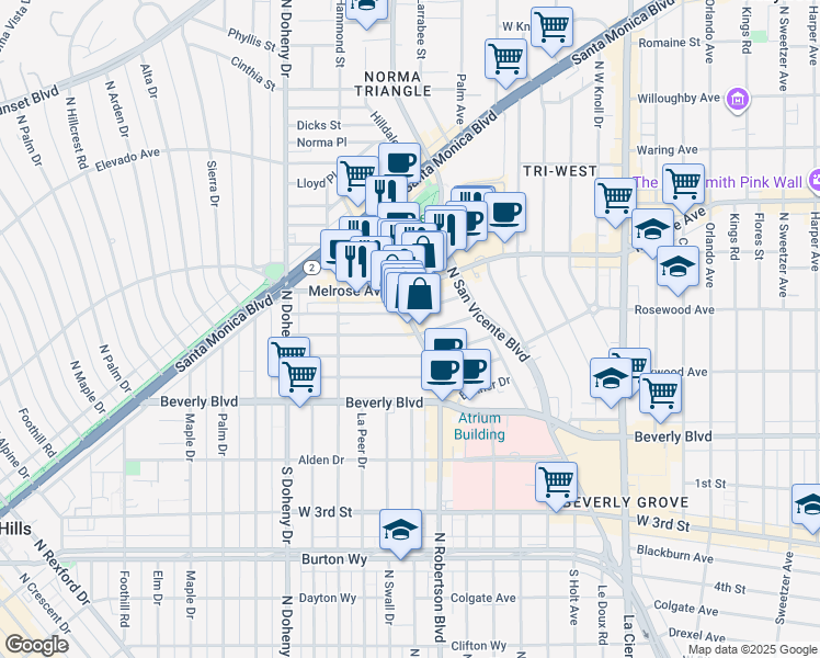 map of restaurants, bars, coffee shops, grocery stores, and more near 8758 Rangely Avenue in West Hollywood