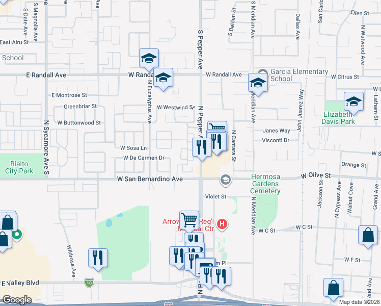 map of restaurants, bars, coffee shops, grocery stores, and more near 1641 Bent Rail Circle in Colton
