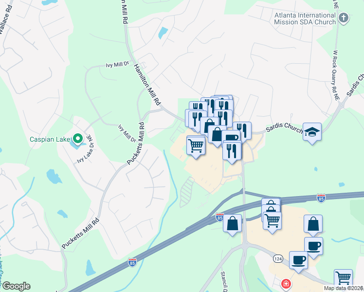 map of restaurants, bars, coffee shops, grocery stores, and more near 2736 Hamilton Mill Road in Buford