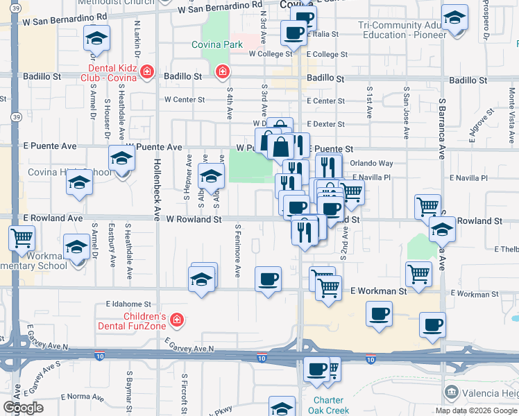 map of restaurants, bars, coffee shops, grocery stores, and more near 562 South Calvados Avenue in Covina