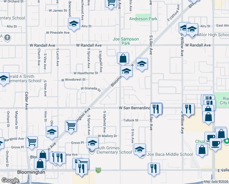 map of restaurants, bars, coffee shops, grocery stores, and more near 1208 South Fillmore Avenue in Rialto