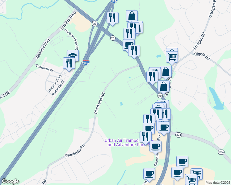 map of restaurants, bars, coffee shops, grocery stores, and more near 1781 Plunketts Road in Buford
