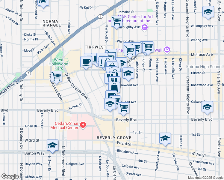 map of restaurants, bars, coffee shops, grocery stores, and more near 463 North La Cienega Boulevard in Los Angeles