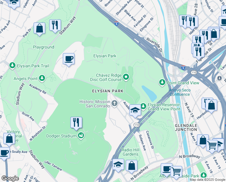 map of restaurants, bars, coffee shops, grocery stores, and more near 835 Academy Road in Los Angeles