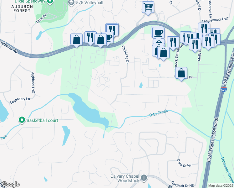 map of restaurants, bars, coffee shops, grocery stores, and more near London Dale in Woodstock