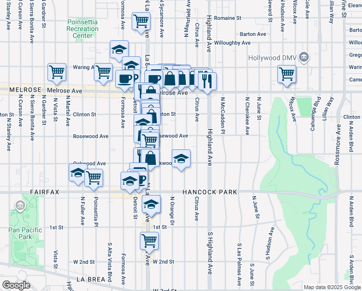 map of restaurants, bars, coffee shops, grocery stores, and more near 441 North Mansfield Avenue in Los Angeles