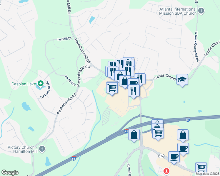 map of restaurants, bars, coffee shops, grocery stores, and more near 2716 Hamilton Mill Road in Buford