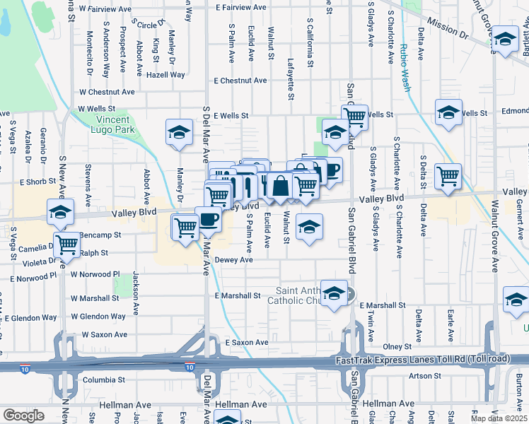 map of restaurants, bars, coffee shops, grocery stores, and more near 300 East Valley Boulevard in San Gabriel