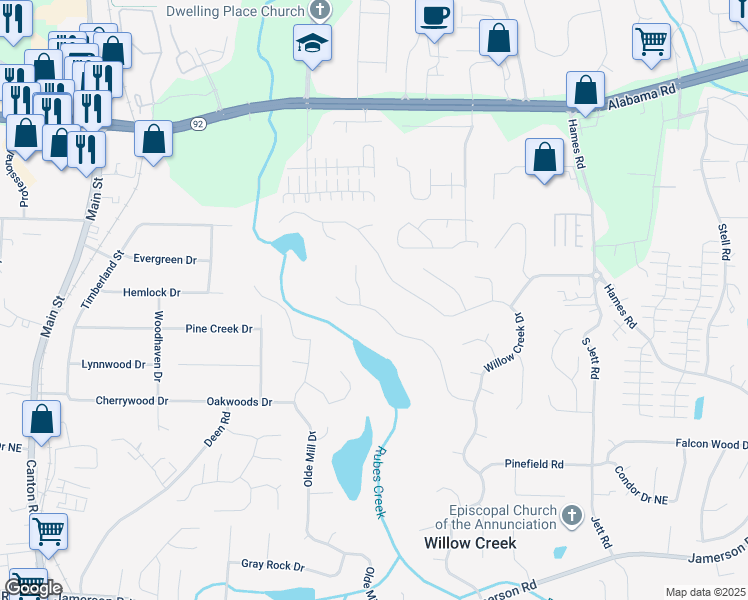 map of restaurants, bars, coffee shops, grocery stores, and more near 1571 Pine Creek Way in Woodstock