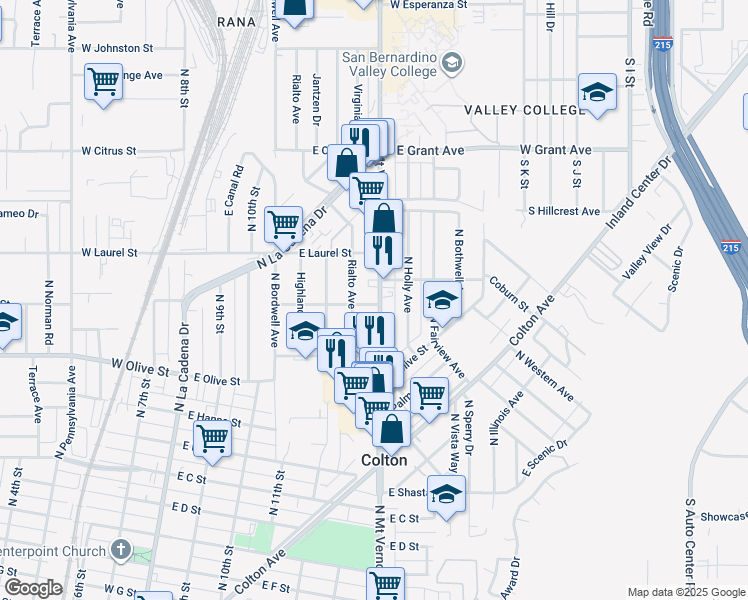 map of restaurants, bars, coffee shops, grocery stores, and more near 1305 North Mount Vernon Avenue in Colton