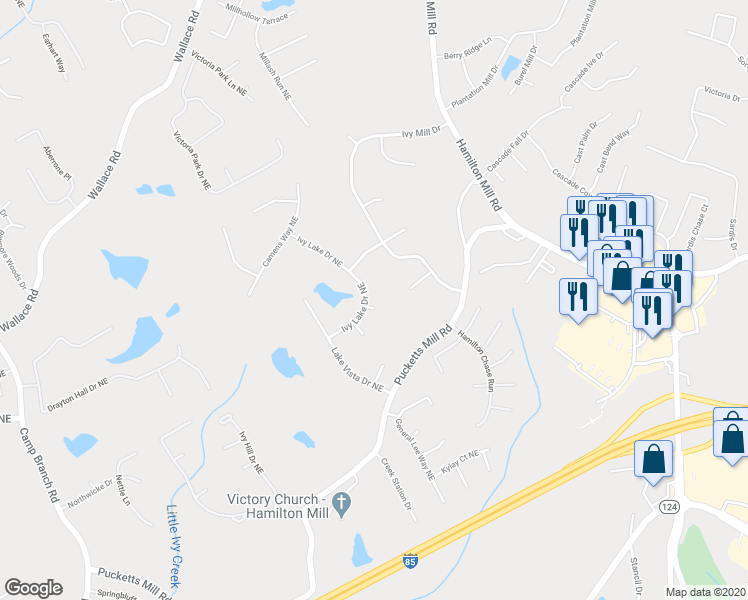 map of restaurants, bars, coffee shops, grocery stores, and more near 3275 Ivy Lake Drive Northeast in Buford