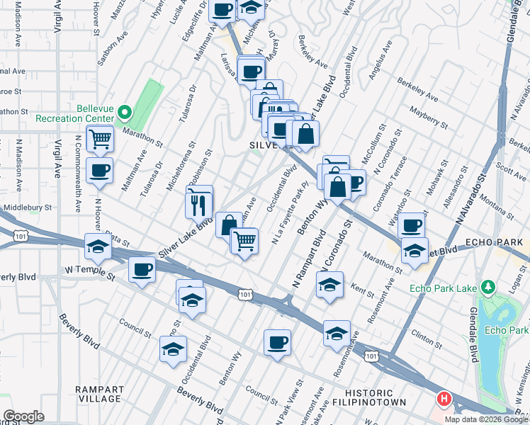 map of restaurants, bars, coffee shops, grocery stores, and more near 741 Occidental Boulevard in Los Angeles