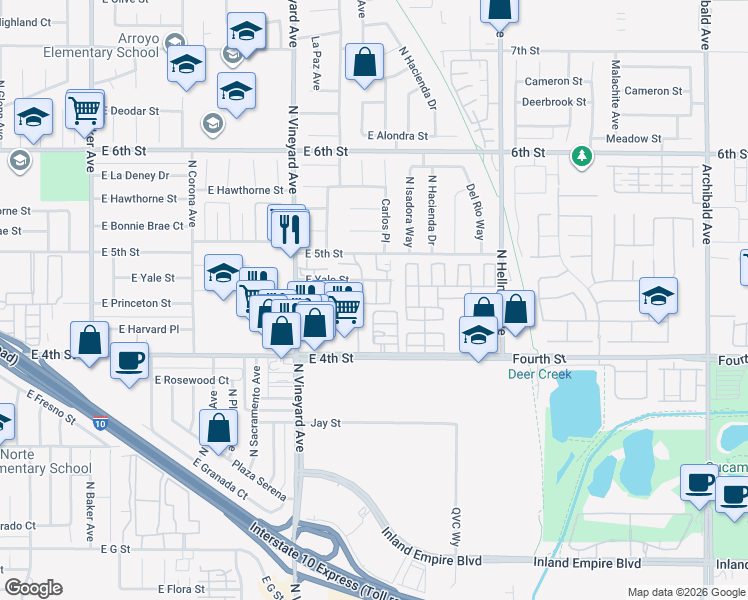 map of restaurants, bars, coffee shops, grocery stores, and more near 2034 East Yale Street in Ontario