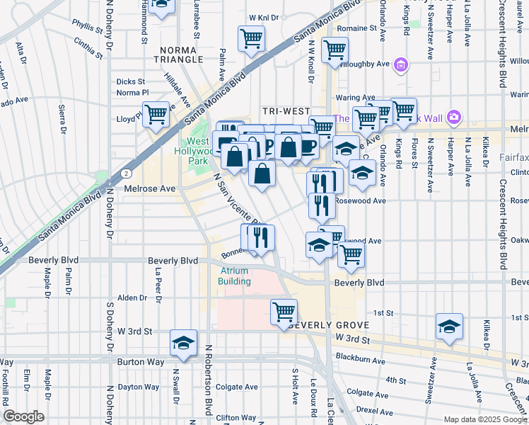 map of restaurants, bars, coffee shops, grocery stores, and more near 416 1/2 Norwich Drive in West Hollywood