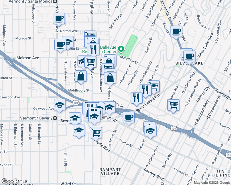 map of restaurants, bars, coffee shops, grocery stores, and more near 3618 Bellevue Avenue in Los Angeles