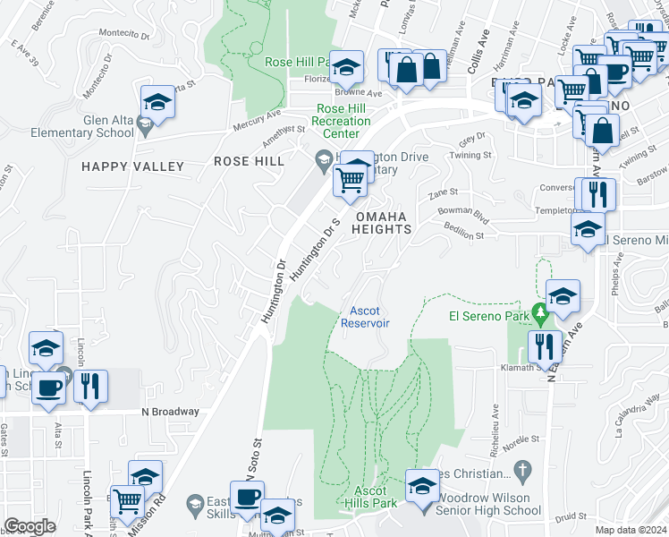 map of restaurants, bars, coffee shops, grocery stores, and more near O Neill Street in Los Angeles