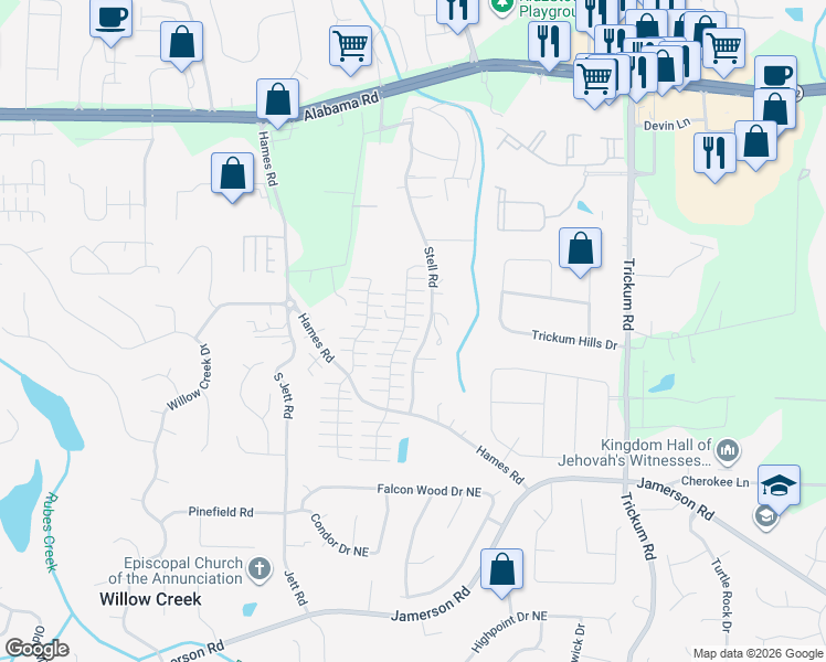 map of restaurants, bars, coffee shops, grocery stores, and more near 630 West Oaks Drive in Woodstock